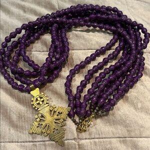 Ethiopian Cross African Beaded Purple 4 Stranded Necklace 32-34”